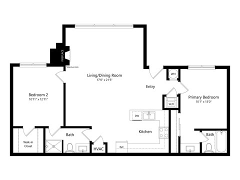 Floor plan for 2 beds, 2 baths, 867 sqft